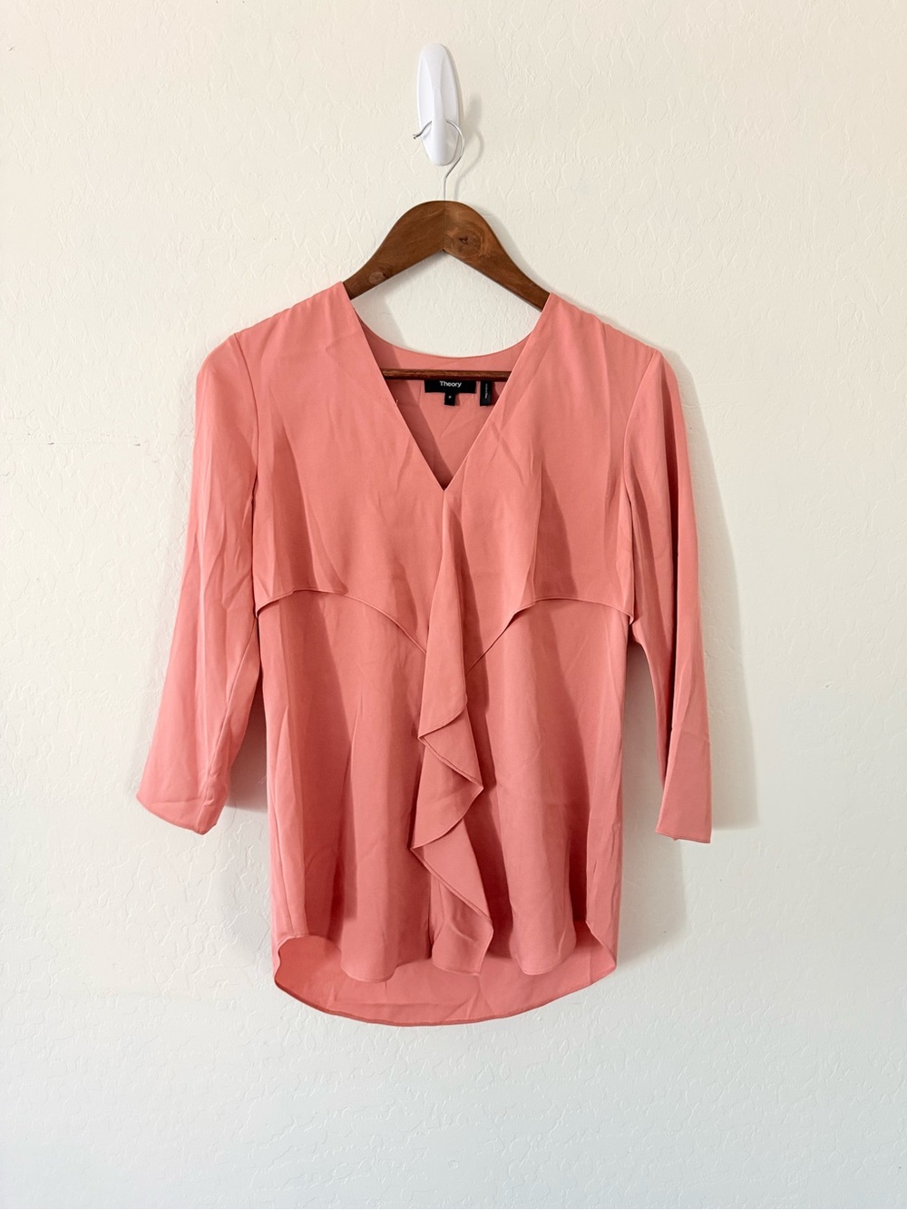 Theory Pink Silk Ruffle Draped Blouse Top Petite P V-Neck Spandex Kristensa
